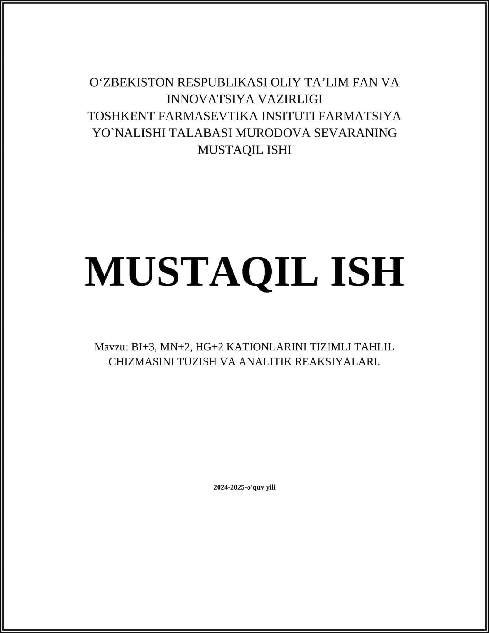 BI+3, MN+2, HG+2 KATIONLARINI TIZIMLI TAHLIL CHIZMASINI TUZISH VA ANALITIK REAKSIYALARI