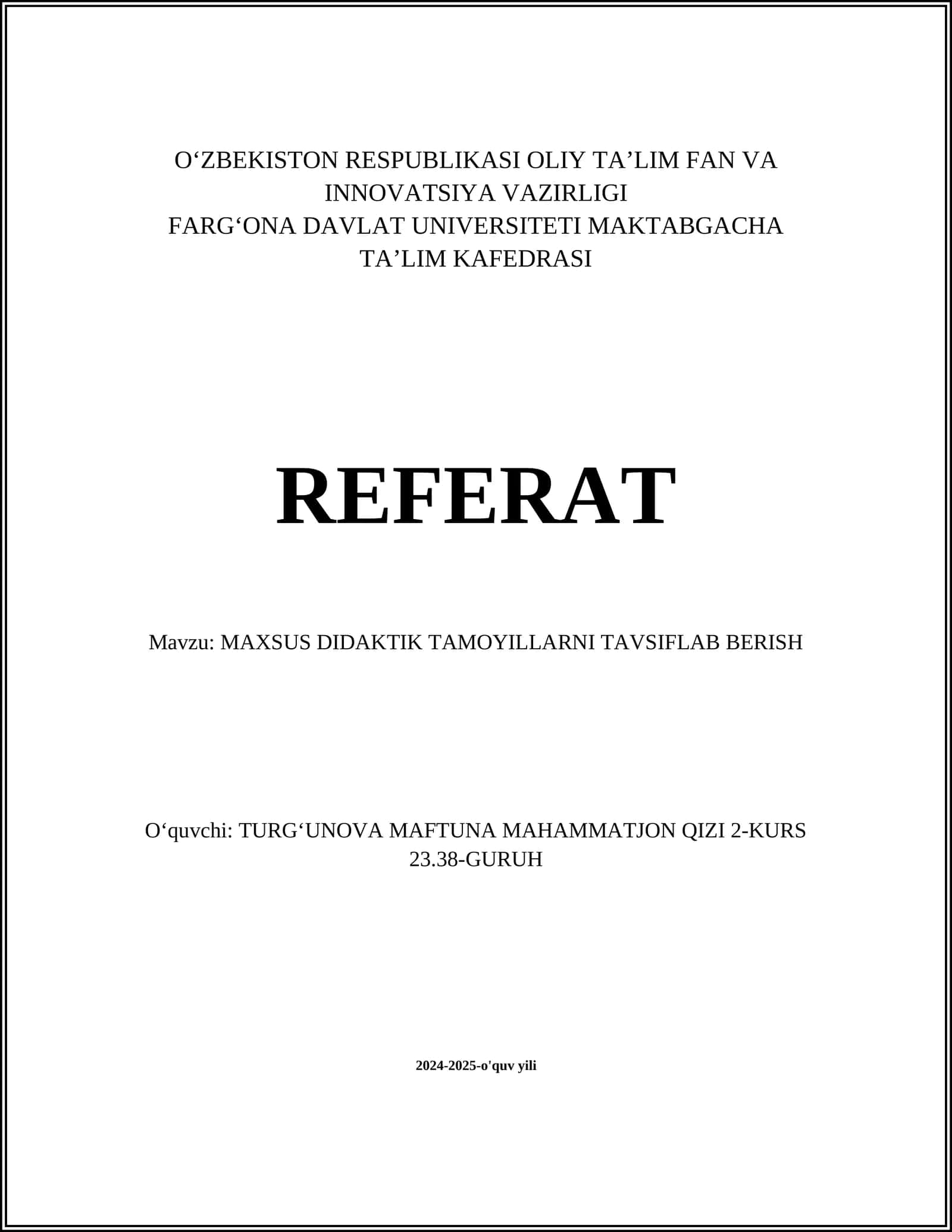 MAXSUS DIDAKTIK TAMOYILLARNI TAVSIFLAB BERISH