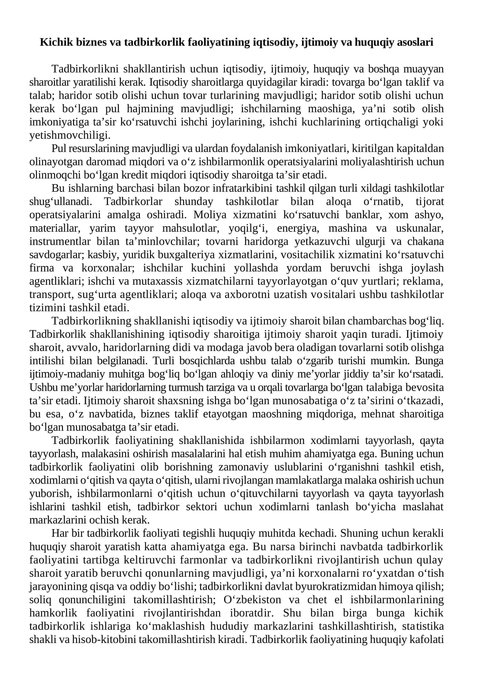 Kichik biznes va tadbirkorlik faoliyatining iqtisodiy, ijtimoiy va huquqiy asoslari