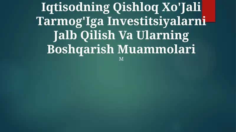 Iqtisodning Qishloq Xo'Jali Tarmog'Iga Investitsiyalarni Jalb Qilish Va Ularning Boshqarish Muammolari