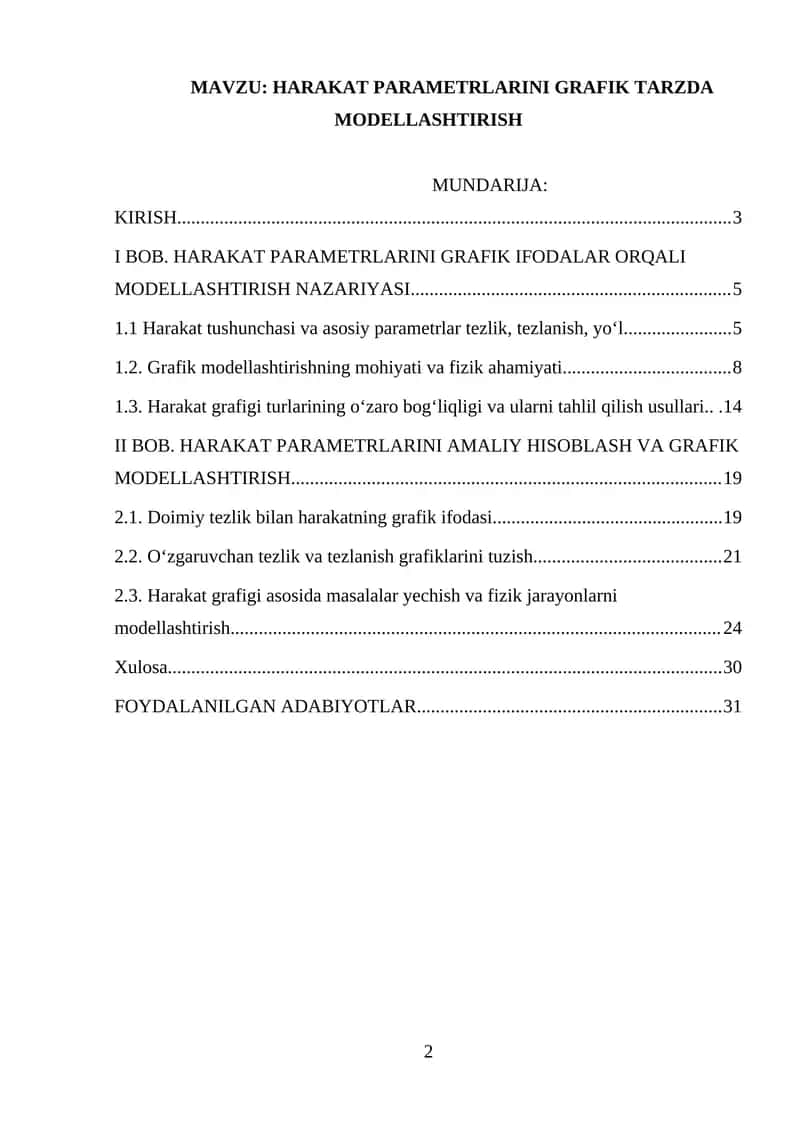HARAKAT PARAMETRLARINI GRAFIK TARZDA MODELLASHTIRISH