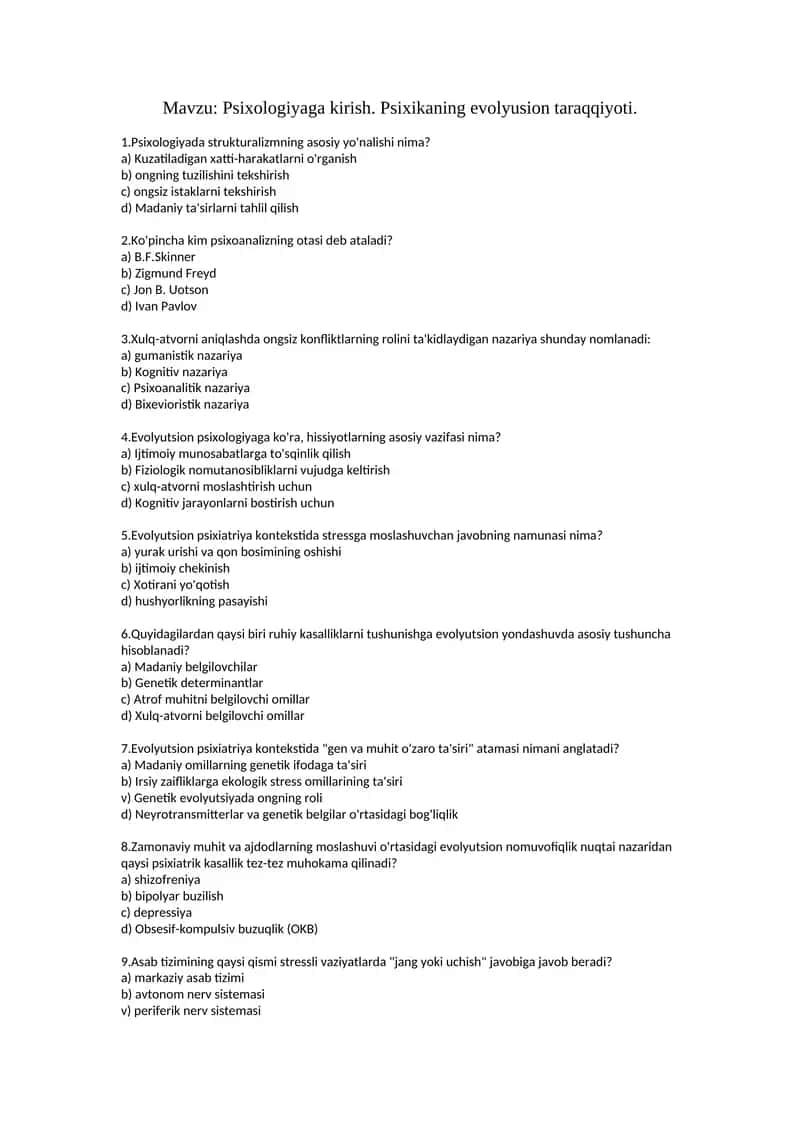 psixologiyaga oid 100 ta test