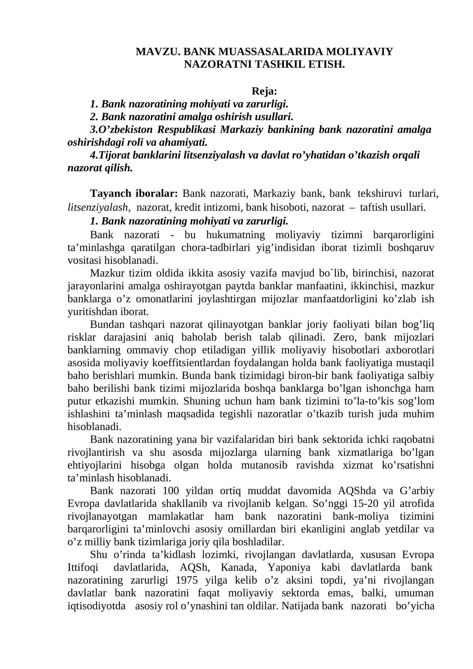 BANK MUASSASALARIDA MOLIYAVIY NAZORATNI TASHKIL ETISH