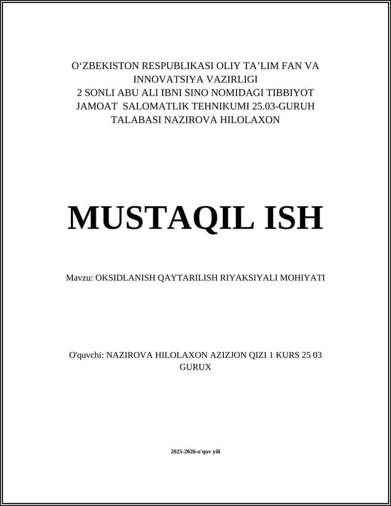OKSIDLANISH QAYTARILISH RIYAKSIYALI MOHIYATI