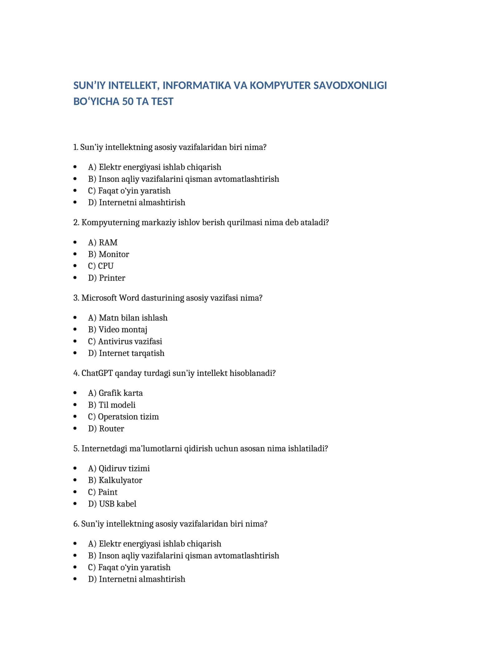Informatika va sun'iy intellekt fanidan testlar to'plami (javoblar bilan)