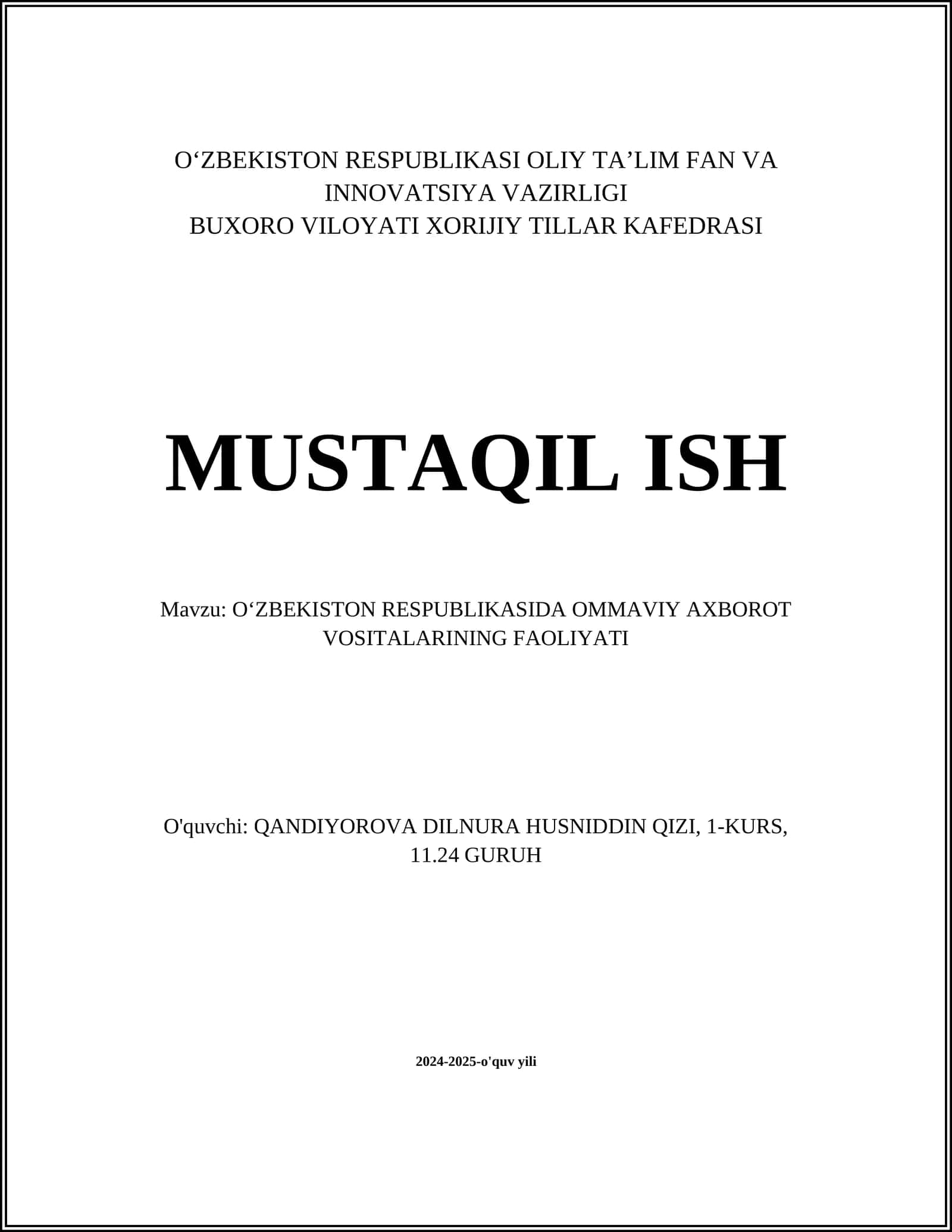 O'zbekiston Respublikasida Ommaviy Axborot Vositalarining Faoliyati