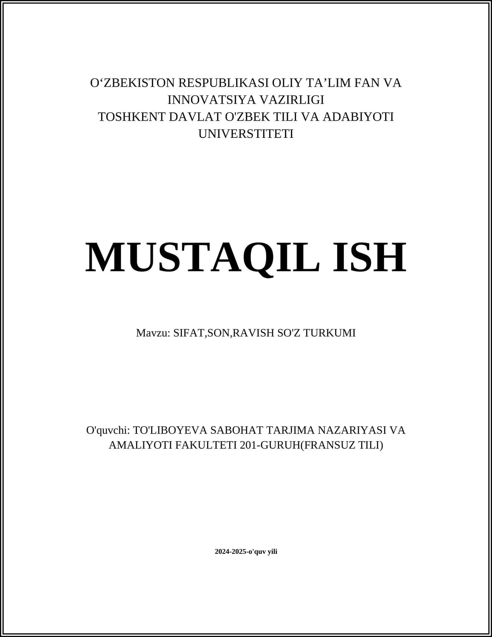 SIFAT,SON,RAVISH SO'Z TURKUMI