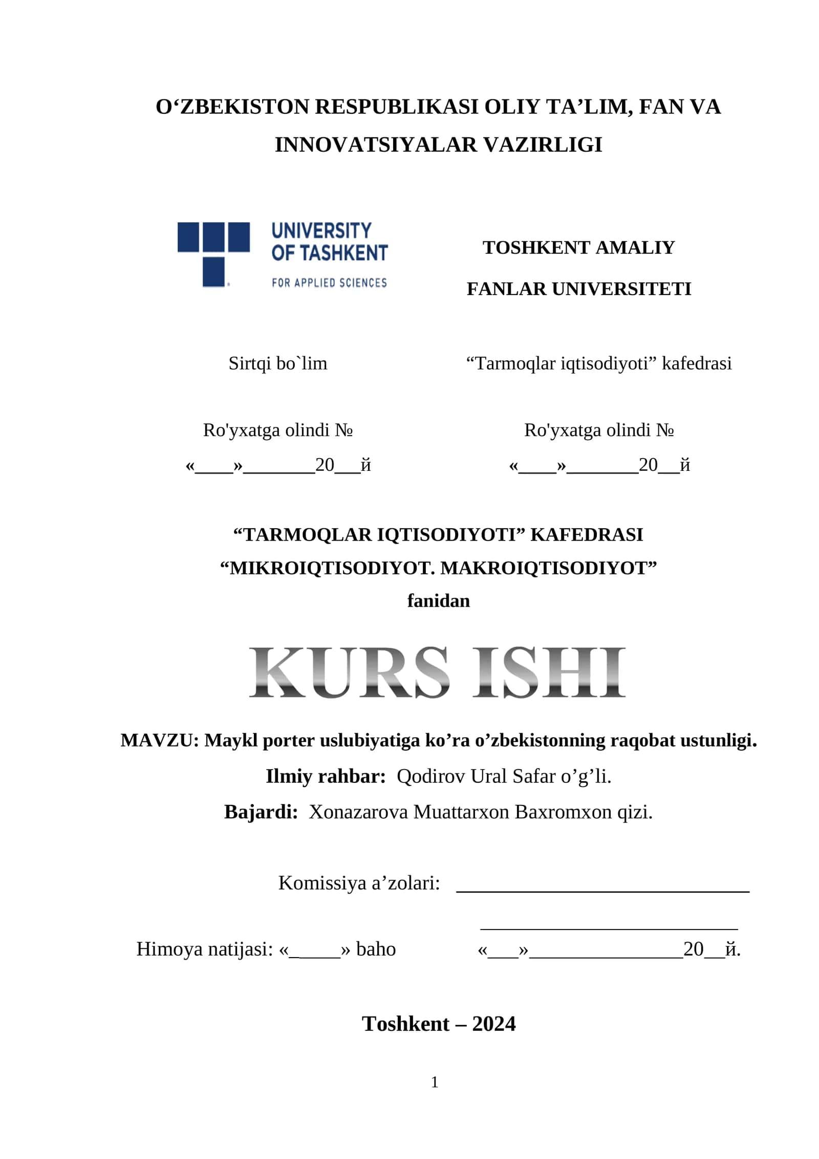MAYKL PORTER USLUBIYATIGA KO’RA O’ZBEKISTONNING RAQOBAT USTUNLIGI