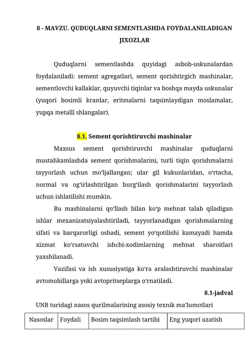 Quduqlarni Sementlashda Foydalaniladigan Jixozlar