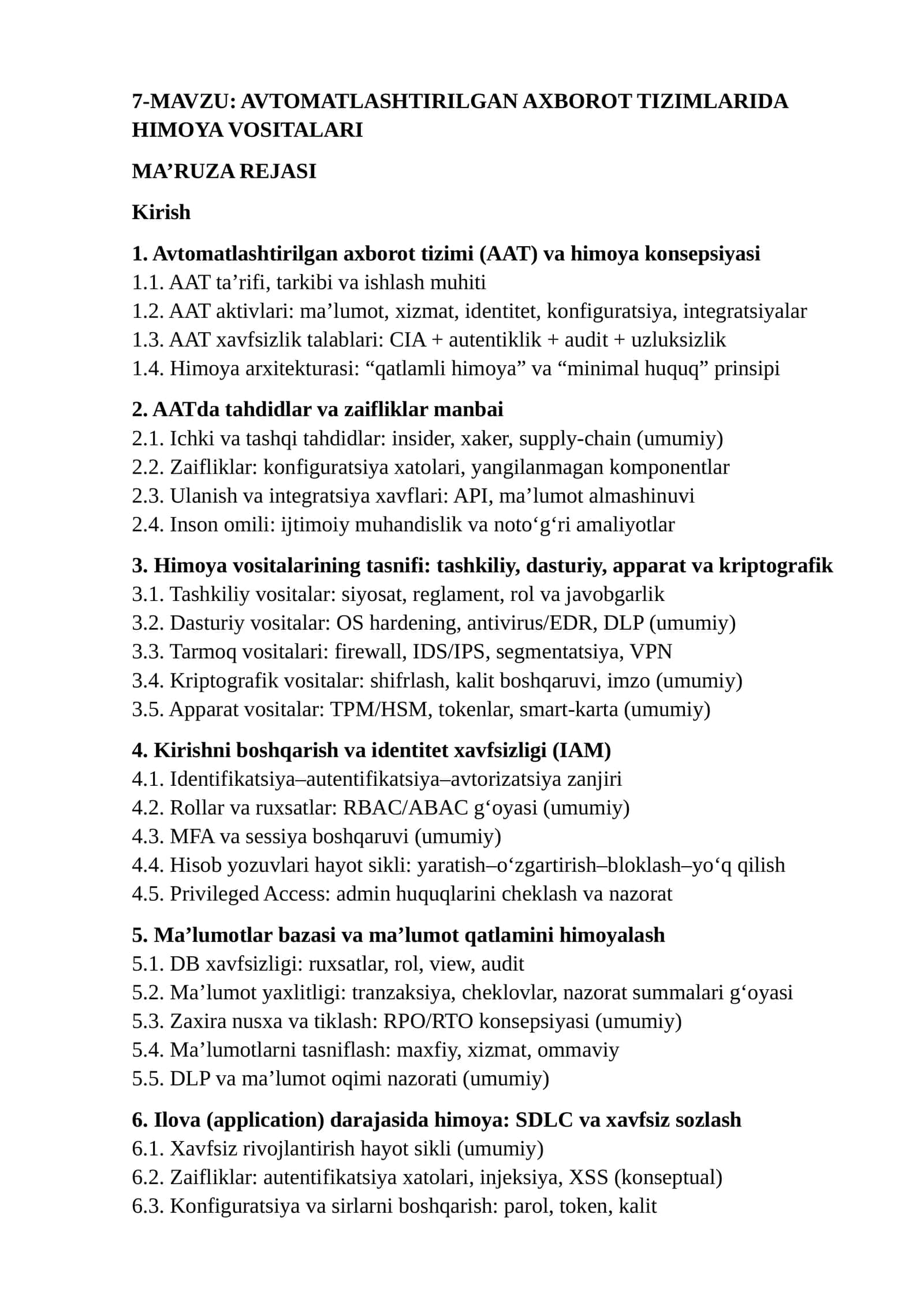 AVTOMATLASHTIRILGAN AXBOROT TIZIMLARIDA HIMOYA VOSITALARI