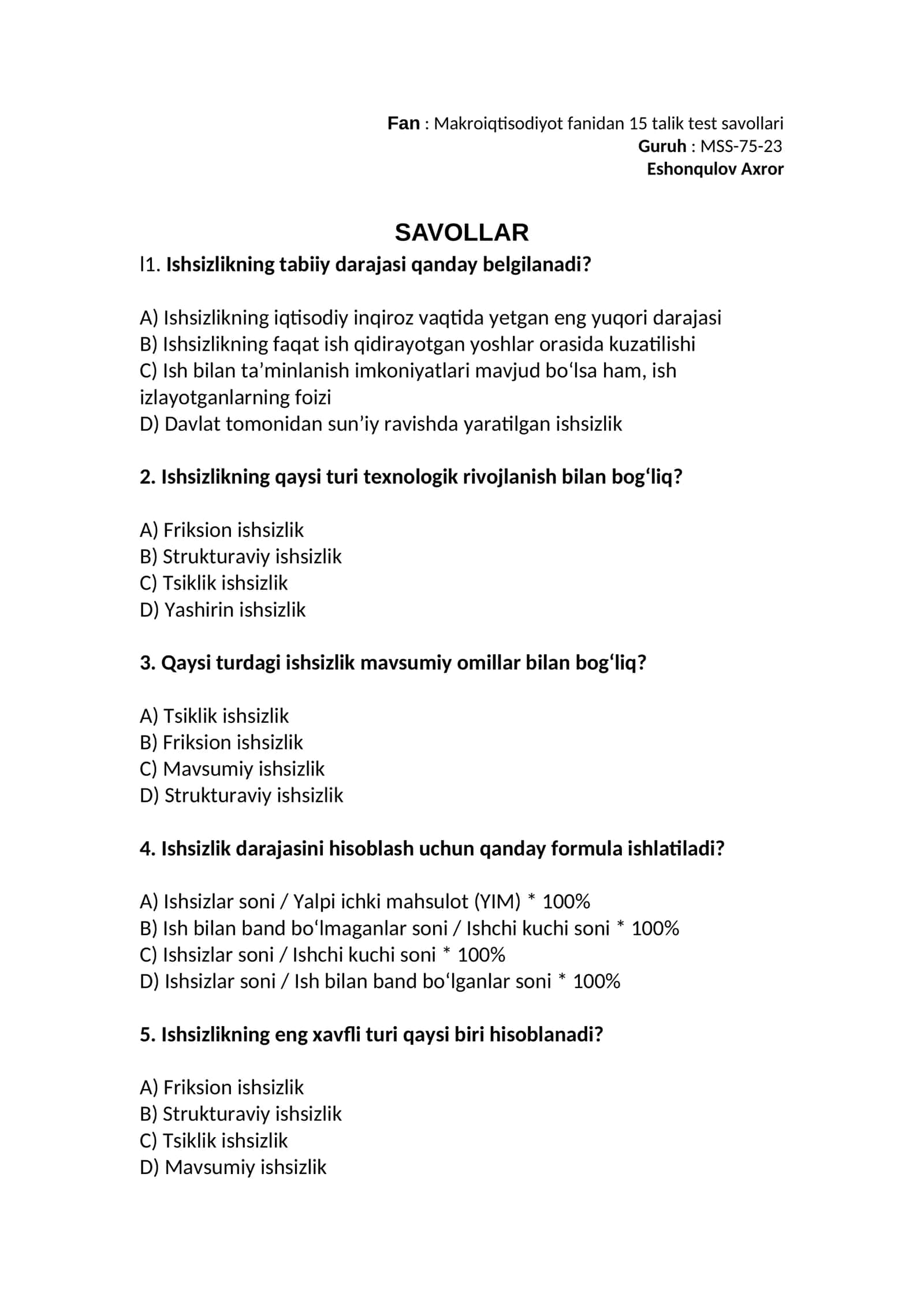 Makroiqtisodiyot fanidan 15 talik test savollari