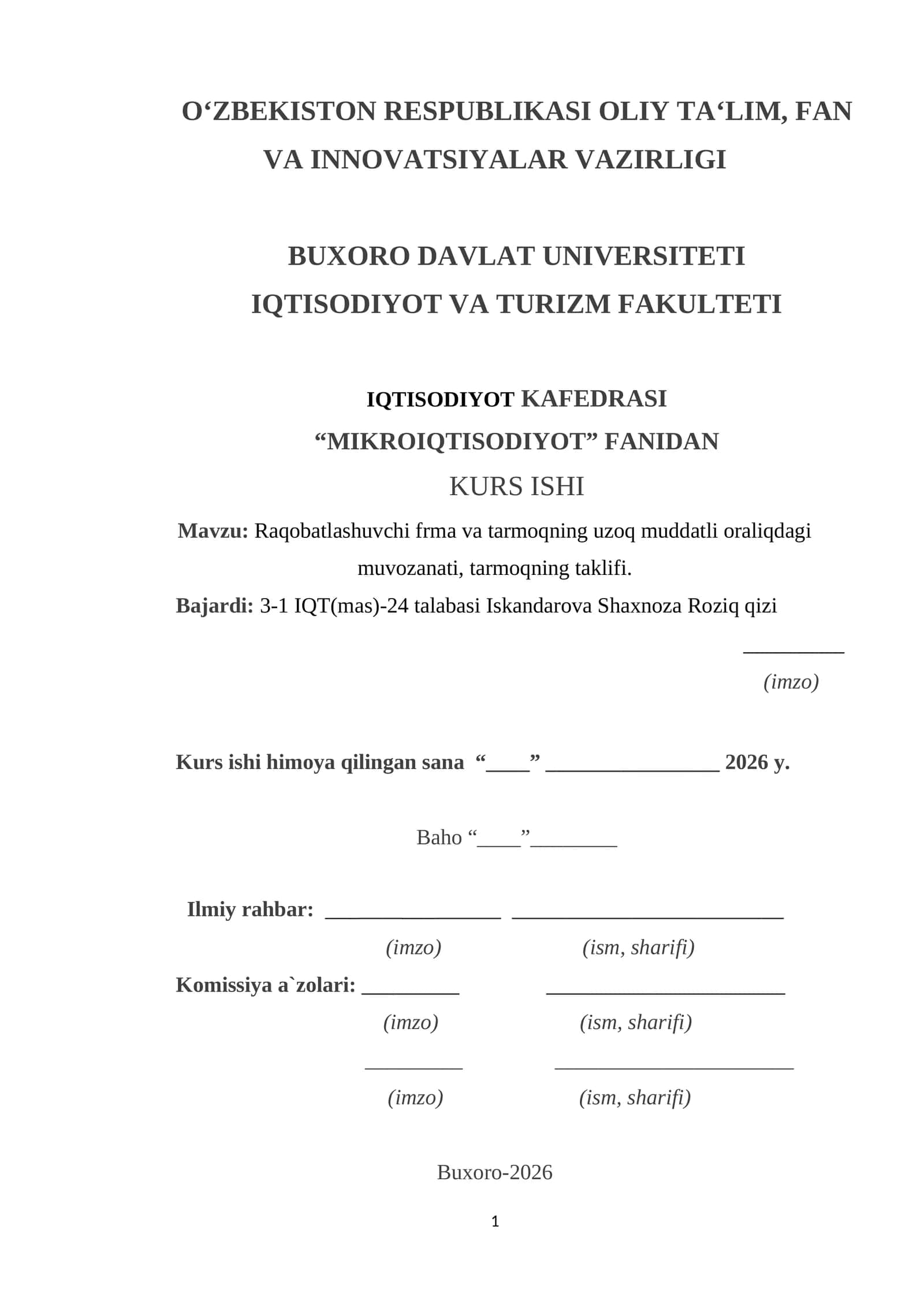 Raqobatlashuvchi frma va tarmoqning uzoq muddatli oraliqdagi muvozanati, tarmoqning taklifi