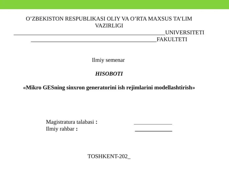 Mikro GESning sinxron generatorini ish rejimlarini modellashtirish