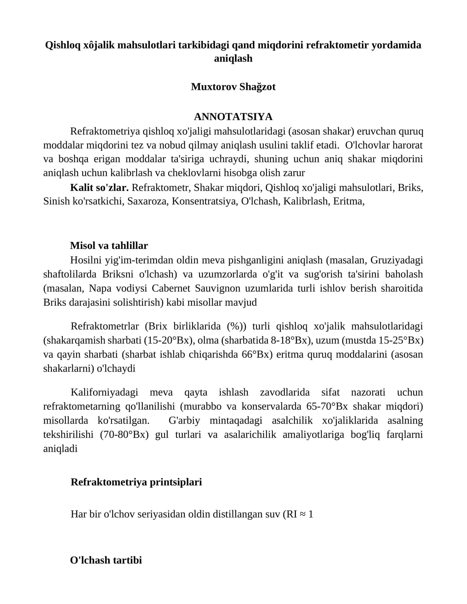 Qishloq xôjalik mahsulotlari tarkibidagi qand miqdorini refraktometir yordamida aniqlash