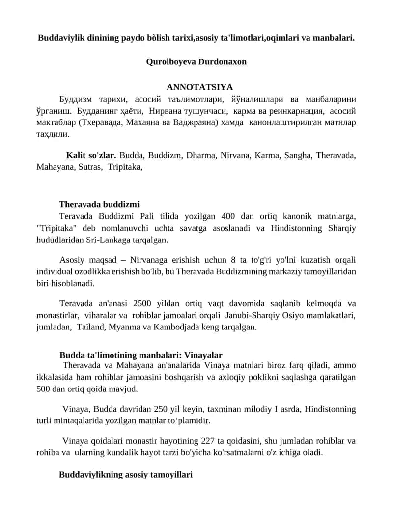 Buddaviylik dinining paydo bòlish tarixi,asosiy ta'limotlari,oqimlari va manbalari