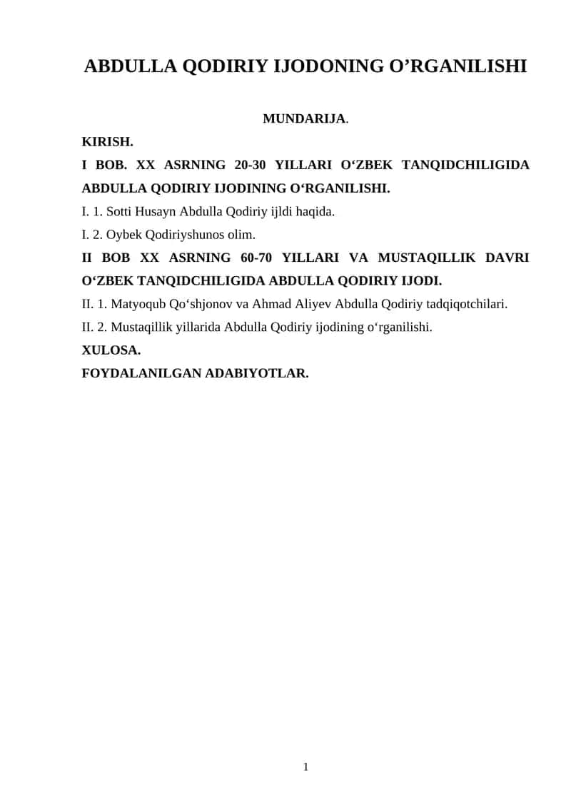 ABDULLA QODIRIY IJODONING O’RGANILISHI