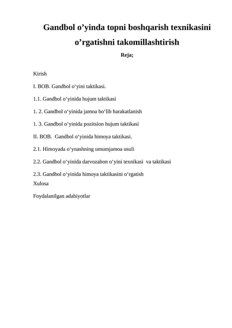 Gandbol o‘yinda topni boshqarish texnikasini o’rgatishni takomillashtirish