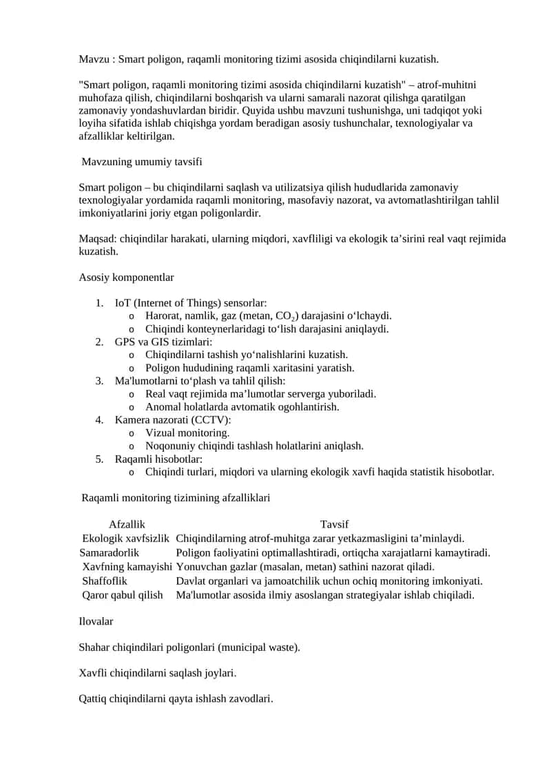 Smart poligon, raqamli monitoring tizimi asosida chiqindilarni kuzatish