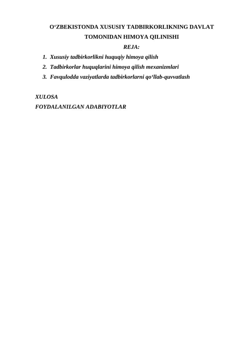 O‘ZBEKISTONDA XUSUSIY TADBIRKORLIKNING DAVLAT TOMONIDAN HIMOYA QILINISHI