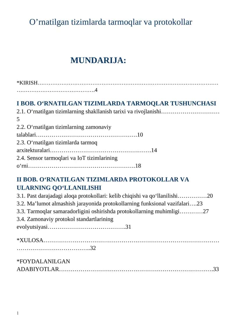 O‘rnatilgan tizimlarda tarmoqlar va protokollar