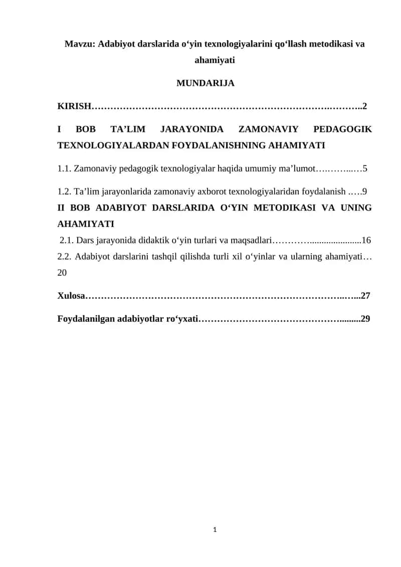 Adabiyot darslarida oʻyin texnologiyalarini qoʻllash metodikasi va ahamiyati