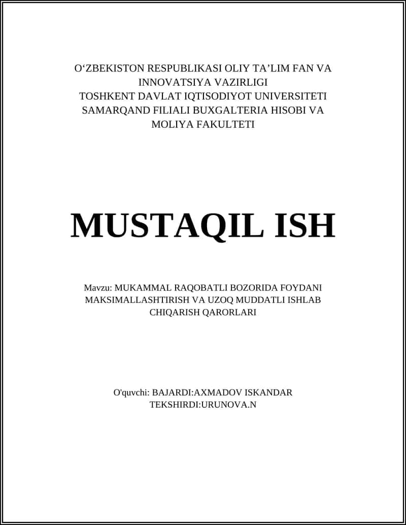 Mukammal raqobatli bozorida foyda maksimalizatsiyasi tamoyillari