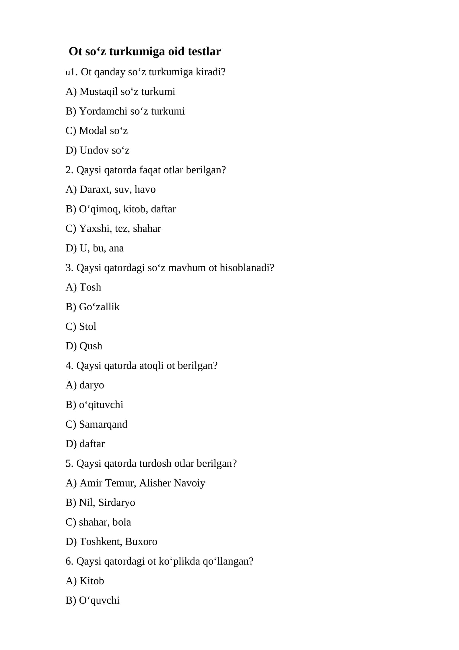 Ot so‘z turkumiga oid testlar