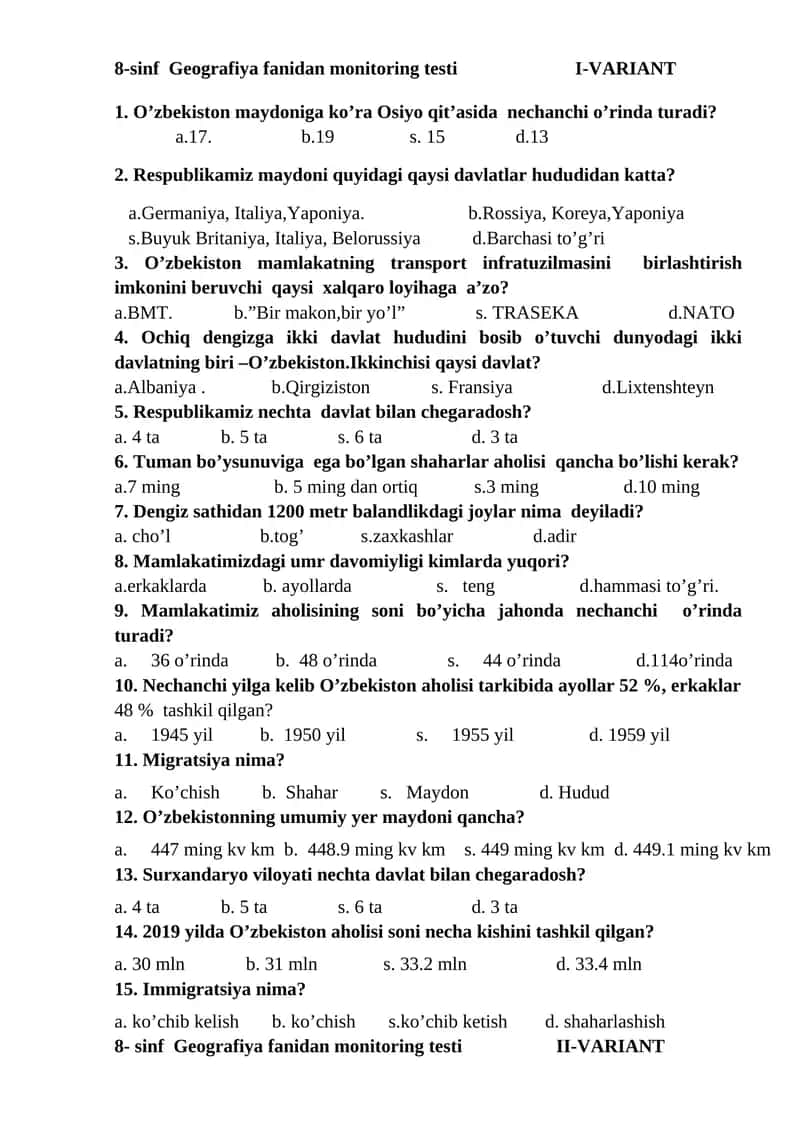 8-sinf Geografiya fanidan monitoring testi I-VARIANT