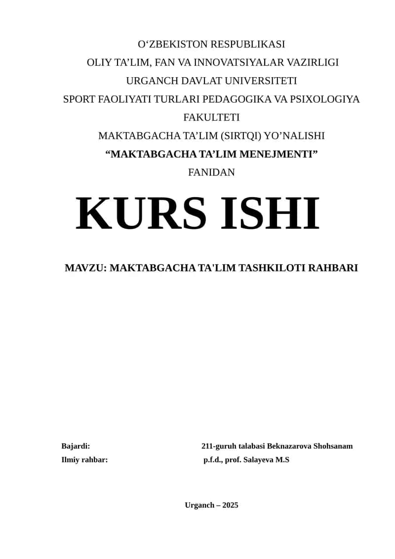 MAKTABGACHA TA'LIM MENEJMENTI