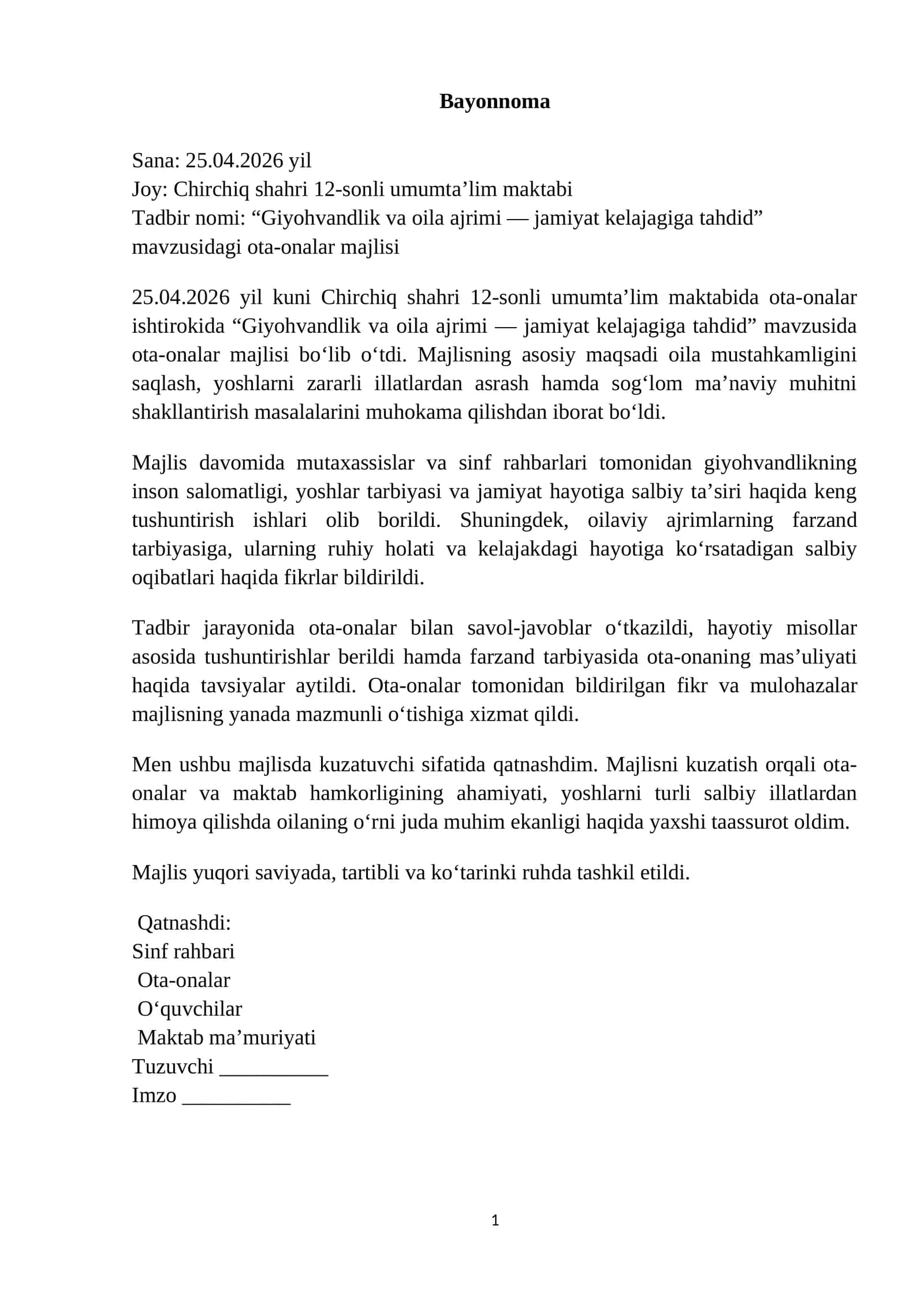 Giyohvandlik va oila ajrimi — jamiyat kelajagiga tahdid