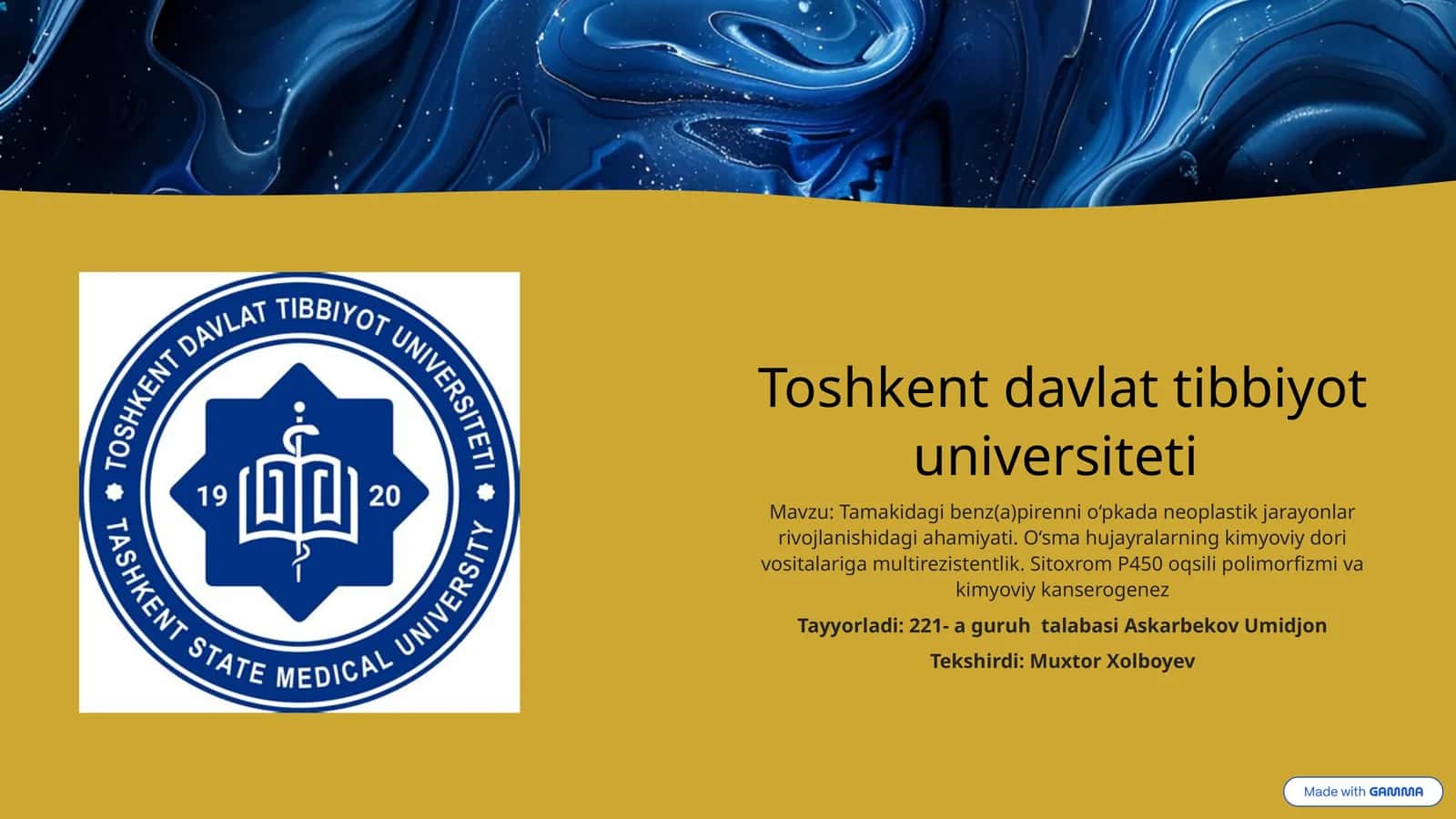 Tamakidagi benz(a)pirenni o‘pkada neoplastik jarayonlar rivojlanishidagi ahamiyati. O‘sma hujayralarning kimyoviy dori vositalariga multirezistentlik. Sitoxrom P450 oqsili polimorfizmi va kimyoviy kanserogenez