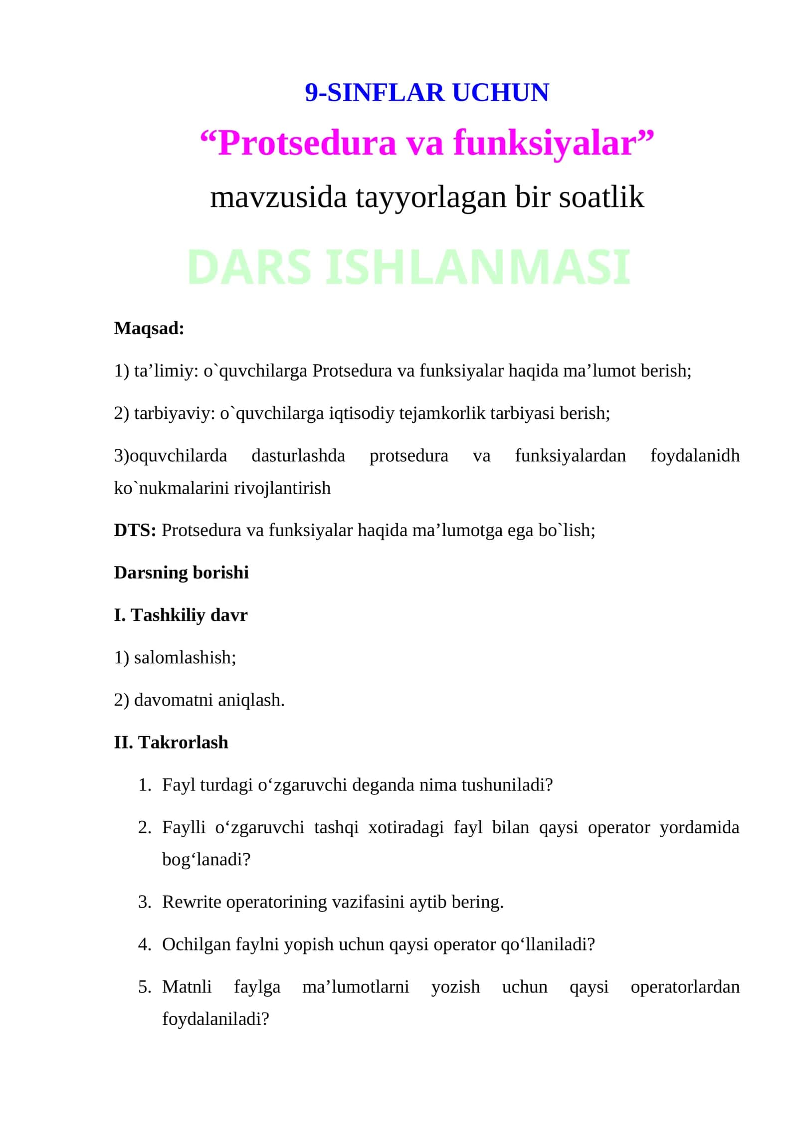 “Protsedura va funksiyalar”