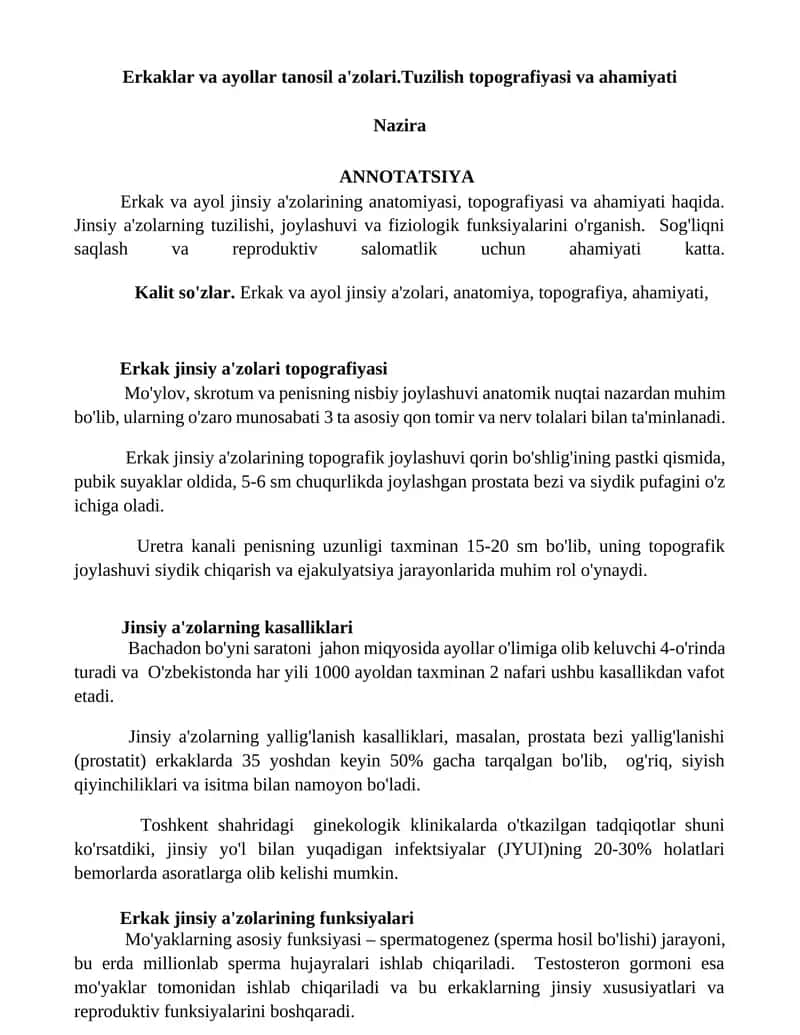 Erkaklar va ayollar tanosil a'zolari.Tuzilish topografiyasi va ahamiyati