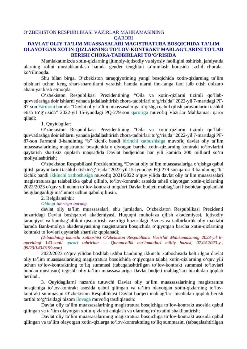 DAVLAT OLIY TA’LIM MUASSASALARI MAGISTRATURA BOSQICHIDA TA’LIM OLAYOTGAN XOTIN-QIZLARNING TO‘LOV-KONTRAKT MABLAG‘LARINI TO‘LAB BERISH CHORA-TADBIRLARI TO‘G‘RISIDA