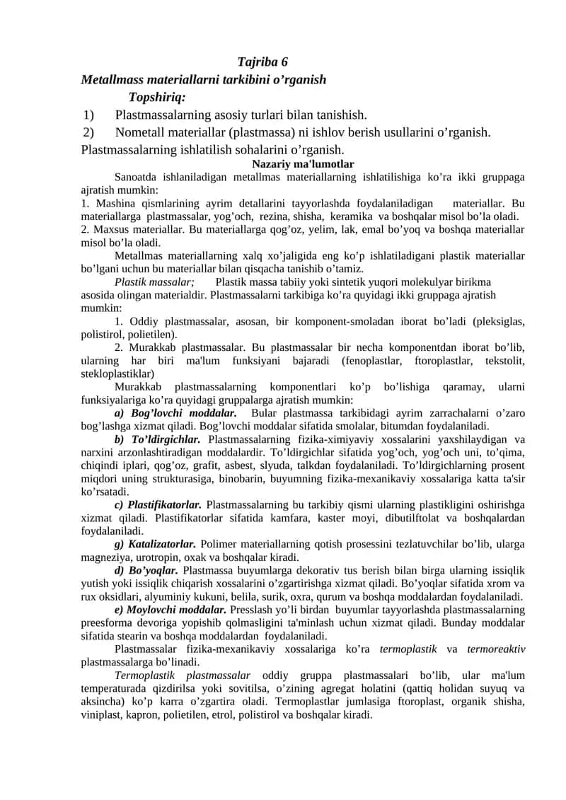 Tajriba 6 Metallmass materiallarni tarkibini o’rganish