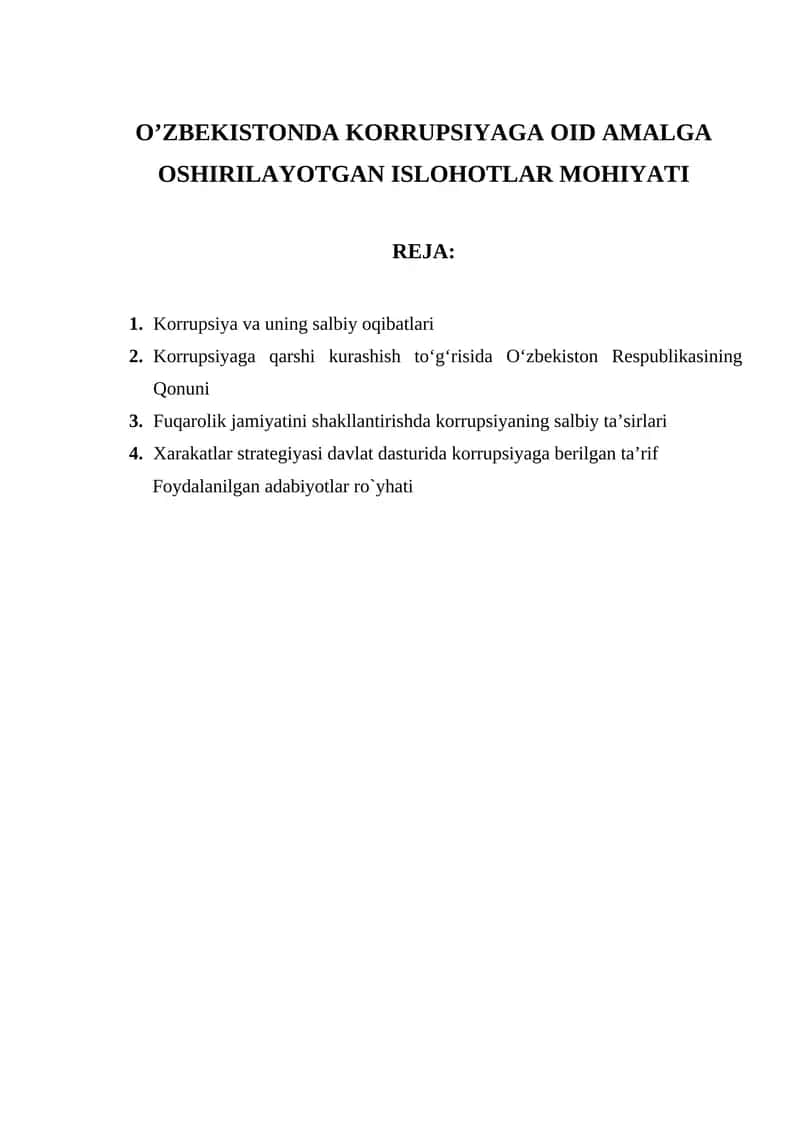 Korrupsiyaga oid amalga oshirilayotgan islohotlar mohiyati