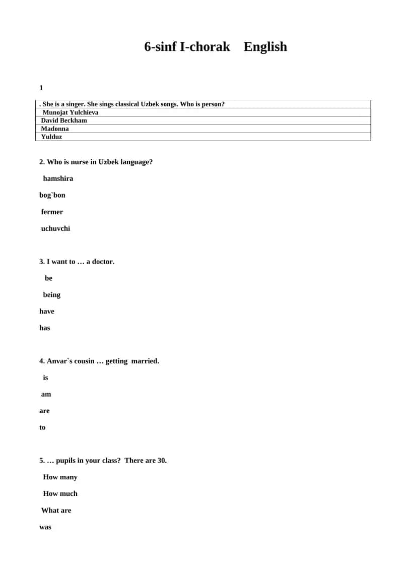 6-sinf I-chorak English