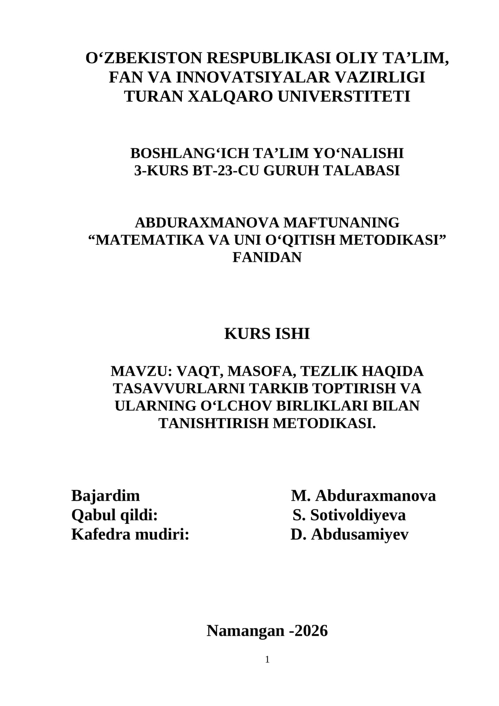 VAQT, MASOFA, TEZLIK HAQIDA TASAVVURLARNI TARKIB TOPTIRISH VA ULARNING O‘LCHOV BIRLIKLARI BILAN TANISHTIRISH METODIKASI.