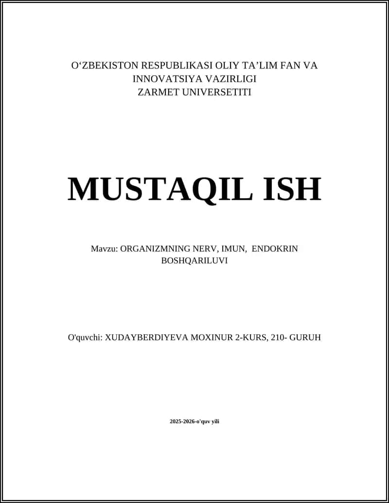 ORGANIZMNING NERV, IMUN, ENDOKRIN BOSHQARILUVI