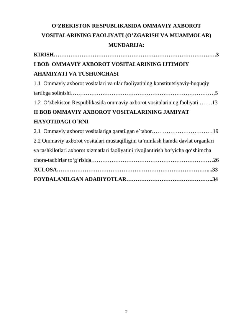 ‘ZBEKISTON RESPUBLIKASIDA OMMAVIY AXBOROT VOSITALARINING FAOLIYATI (O’ZGARISH VA MUAMMOLAR)