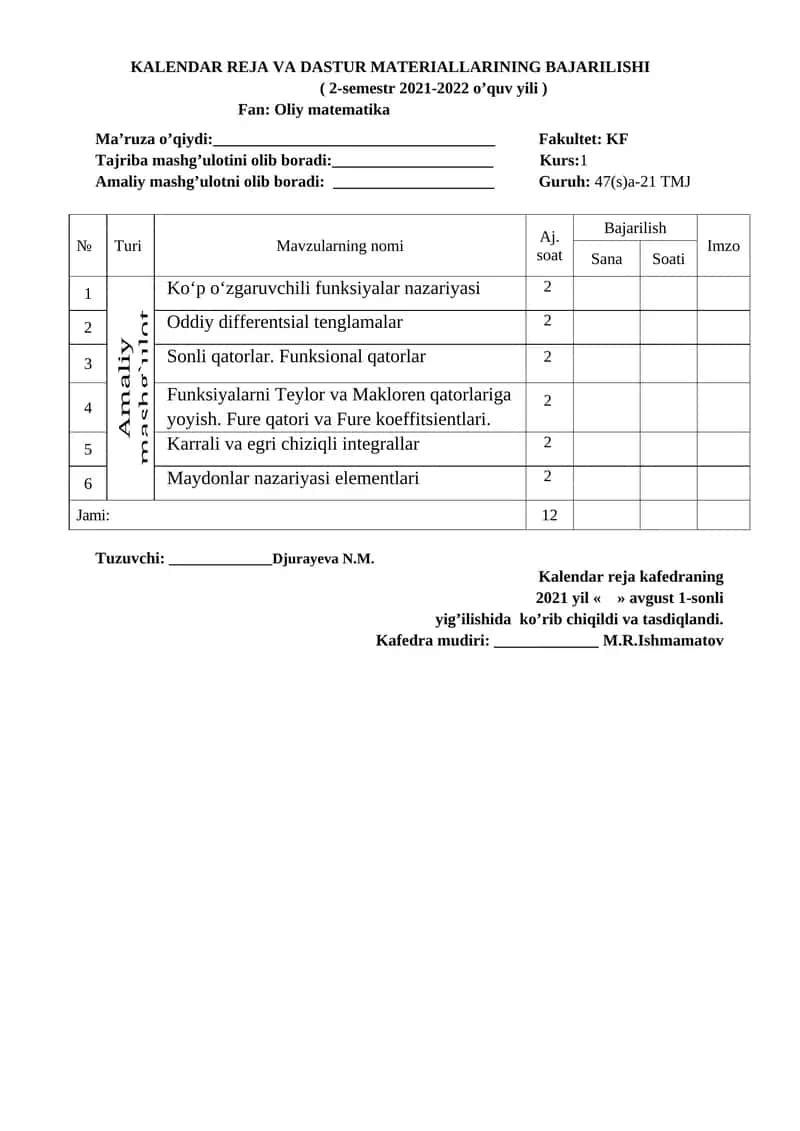 KALENDAR REJA VA DASTUR MATERIALLARI