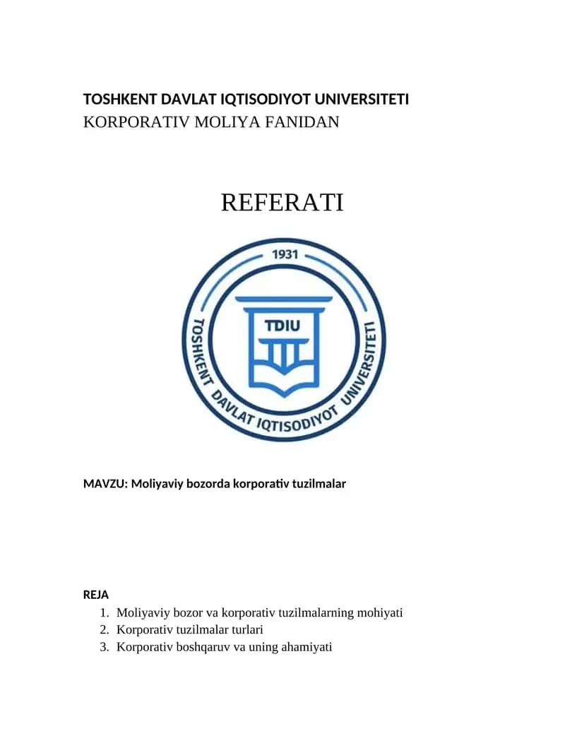 Moliyaviy bozorda korporativ tuzilmalar