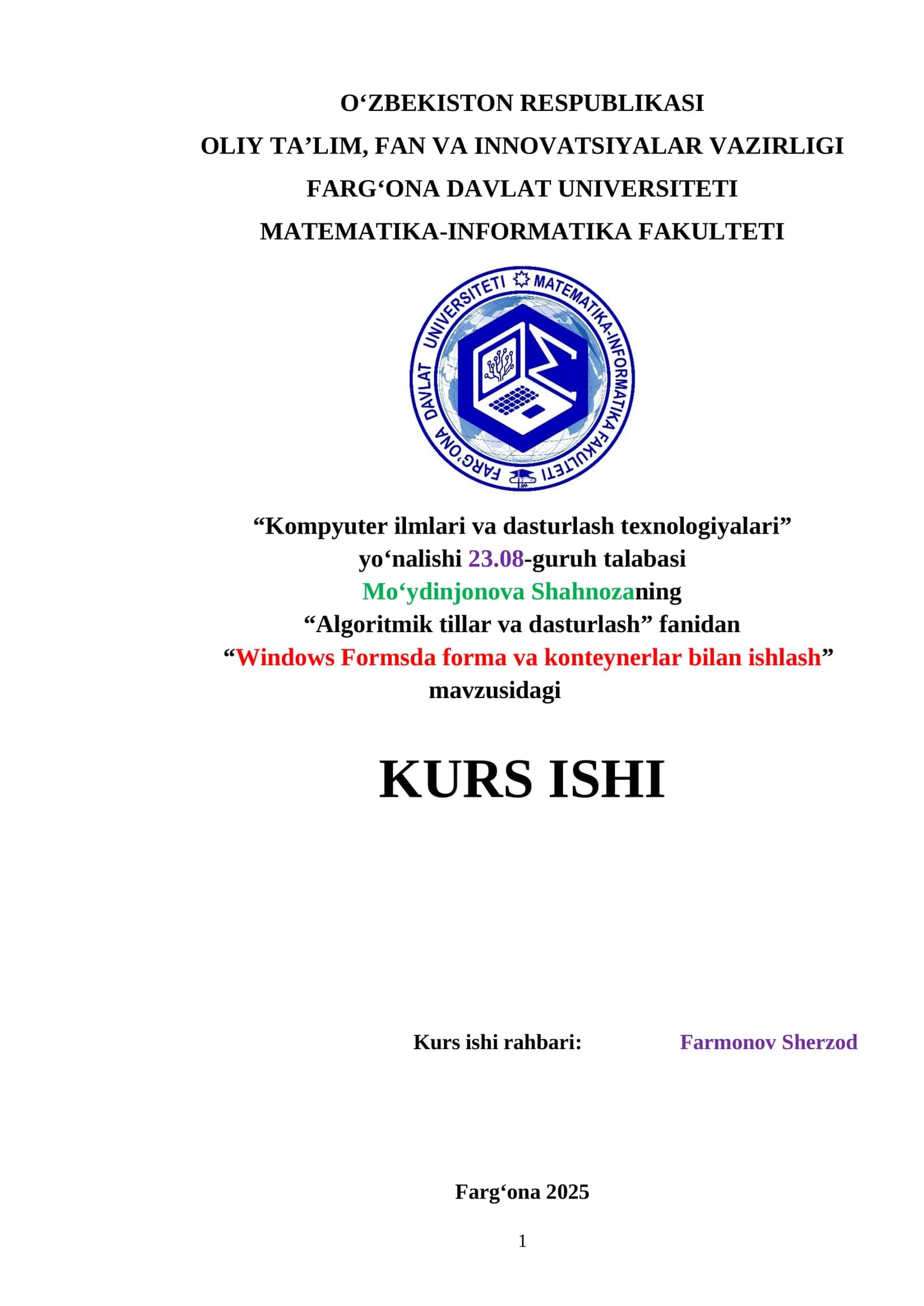 Windows Formsda forma va konteynerlar bilan ishlash kurs ishi