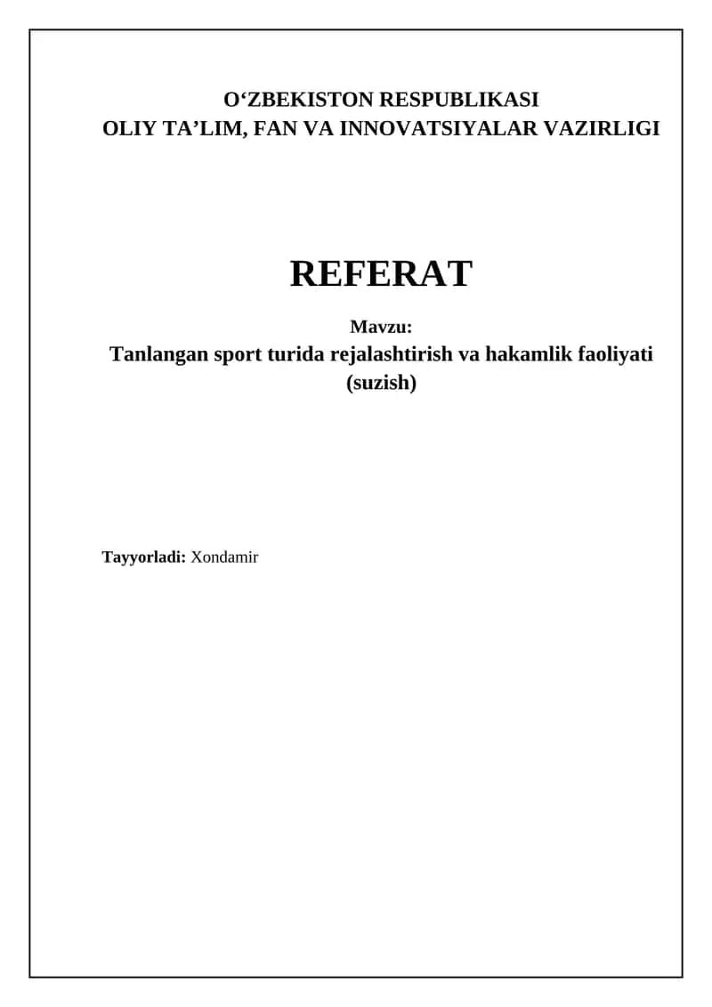 Tanlangan sport turida rejalashtirish va hakamlik faoliyati