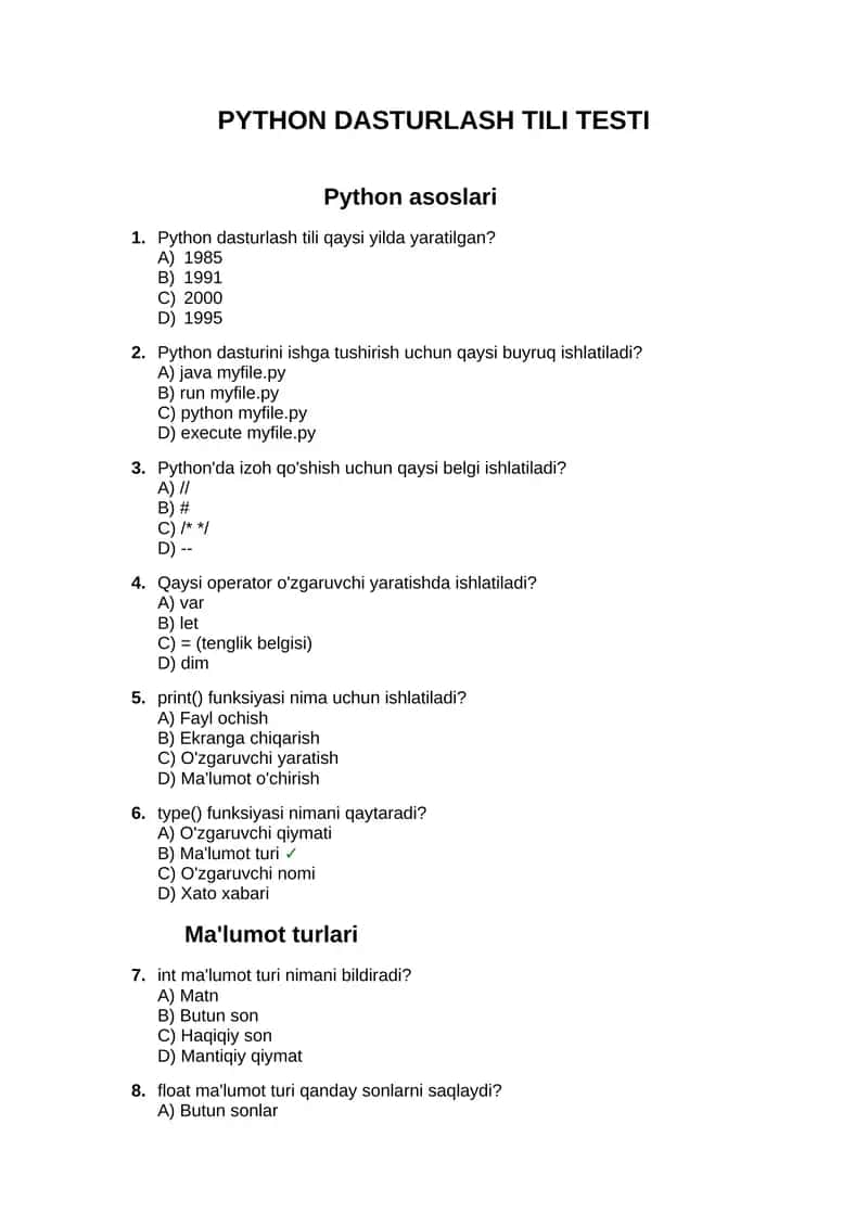 PYTHON DASTURLASH TILI TESTI