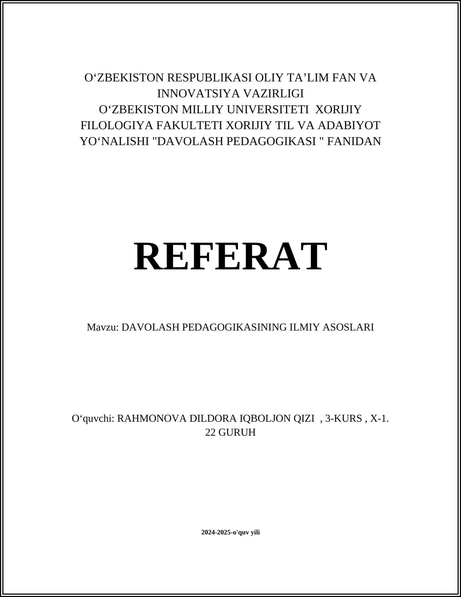 DAVOLASH PEDAGOGIKASINING ILMIY ASOSLARI