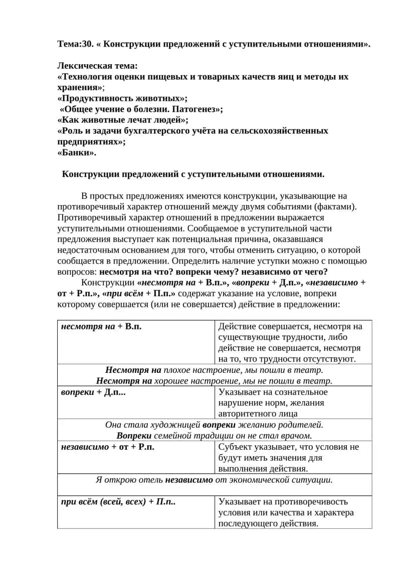 Конструкции предложений с уступительными отношениями