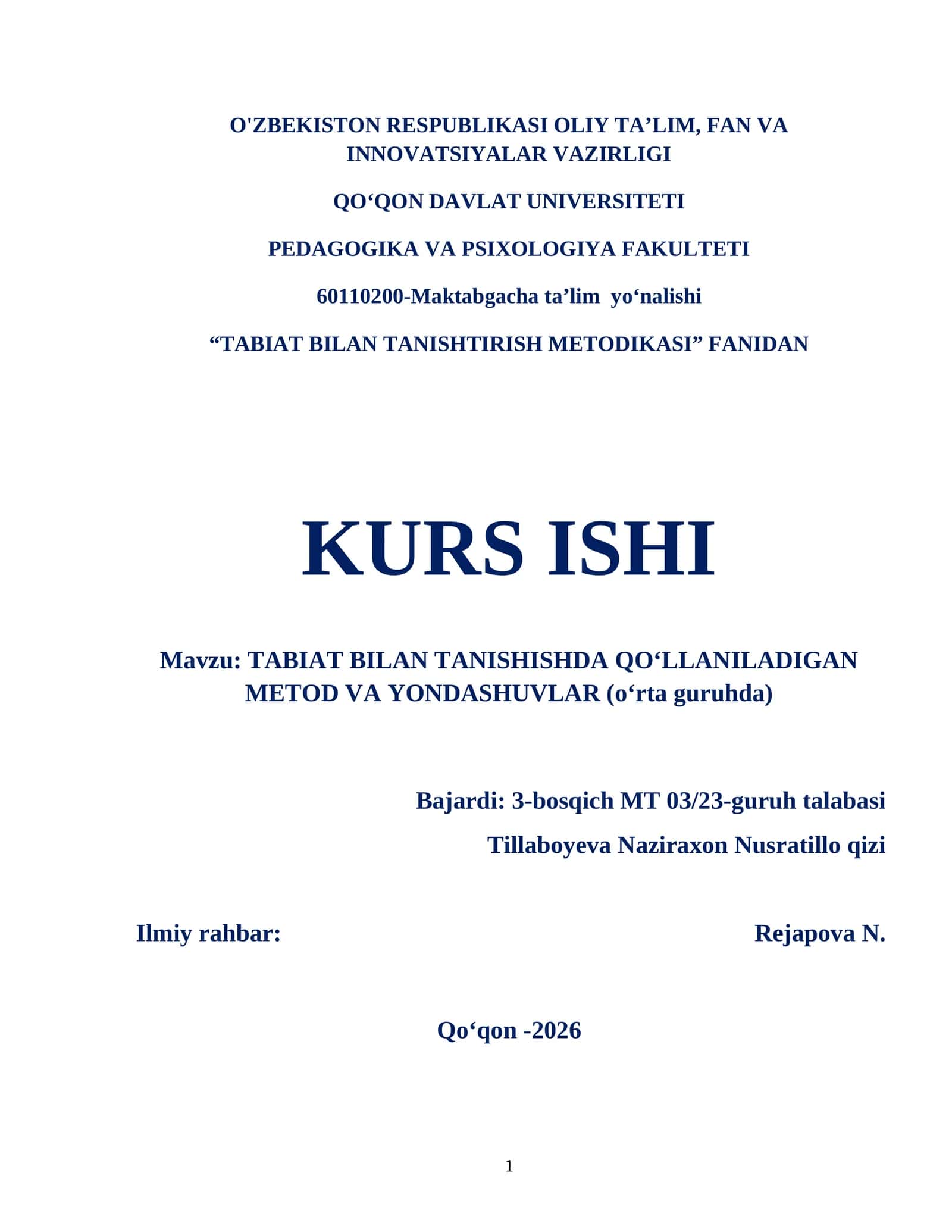 TABIAT BILAN TANISHTIRISH METODIKASI