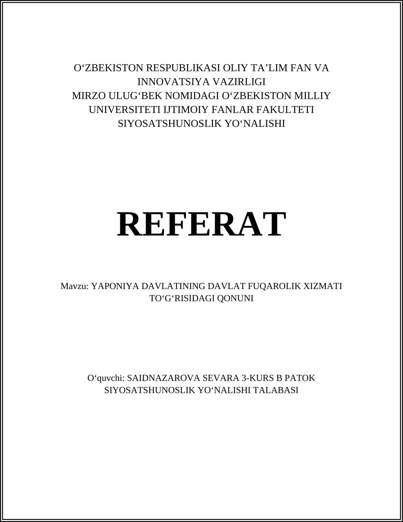 JAPONIYA DAVLATINING DAVLAT FUQAROLIK XIZMATI TOʻGʻRISIDAGI QONUNI