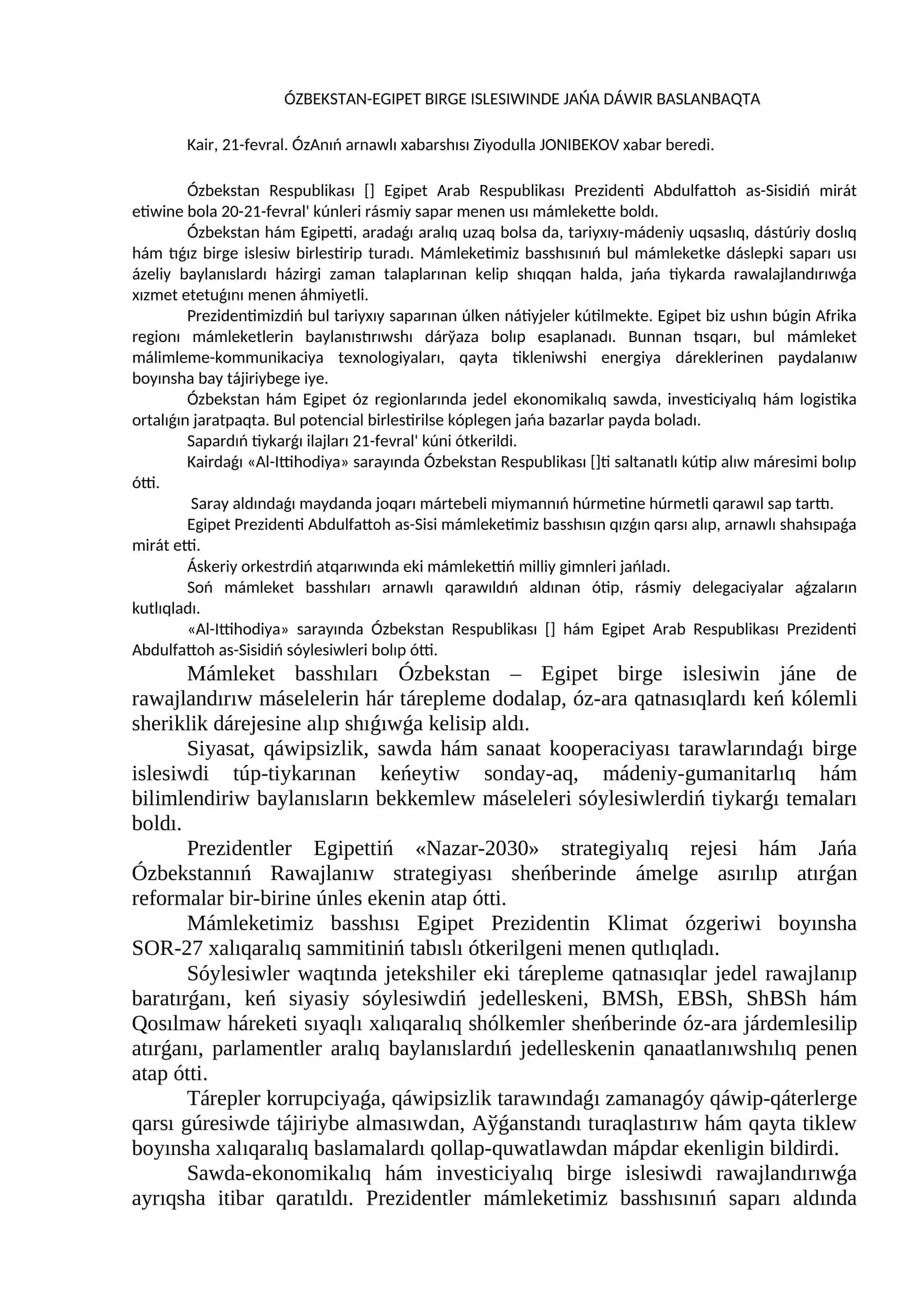 ÓZBEKSTAN-EGIPET BIRGE ISLESIWINDE JAŃA DÁWIR BASLANBAQTA